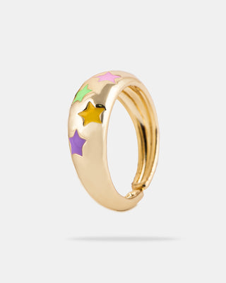 ANILLO AJUSTABLE EN CHAPA DE ORO COLOR DORADO CON DETALLES EN FORMA DE ESTRELLA DE COLORES EN ESTIO ESMALTADO - MICHELLE ACCESORIOS