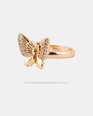 ANILLO AJUSTABLE EN CHAPA DE ORO COLOR DORADO EN FORMA DE MARIPOSA CON DETALLES EN PEDRERÍA ZIRCONIS Y METAL CRISTAL - MICHELLE ACCESORIOS