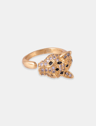 ANILLO AJUSTABLE EN CHAPA DE ORO COLOR DORADO FORMA DE PANTERA GRANDE CON DETALLES DE PIEDRA DE ZIRCONIA Y PIEDRAS DE CRISTAL NEGRO - MICHELLE ACCESORIOS