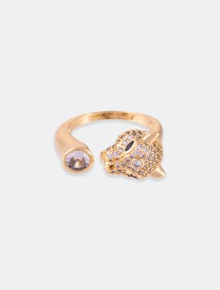 ANILLO AJUSTABLE EN CHAPA DE ORO COLOR DORADO FORMA DE PANTERA MEDIANA CON DETALLES DE PIEDRA DE ZIRCONIA Y PIEDRA EN PUNTA DE ANILLO - MICHELLE ACCESORIOS
