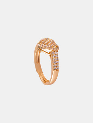 ANILLO CHAPA DE ORO AJUSTABLE COLOR DORADO DE CORAZÓN CON DETALLES DE PEDRERÍA DE CRISTAL Y ZIRCONIA - MICHELLE ACCESORIOS