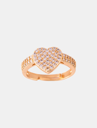 ANILLO CHAPA DE ORO AJUSTABLE COLOR DORADO DE CORAZÓN CON DETALLES DE PEDRERÍA DE CRISTAL Y ZIRCONIA - MICHELLE ACCESORIOS