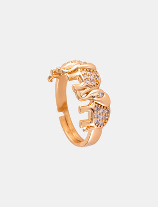 ANILLO CHAPA DE ORO AJUSTABLE COLOR DORADO EN FORMA DE ELEFANTES CON DETALLES DE PEDRERÍA DE CRISTAL Y ZIRCONIA - MICHELLE ACCESORIOS