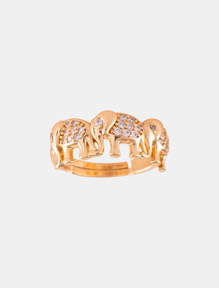ANILLO CHAPA DE ORO AJUSTABLE COLOR DORADO EN FORMA DE ELEFANTES CON DETALLES DE PEDRERÍA DE CRISTAL Y ZIRCONIA - MICHELLE ACCESORIOS