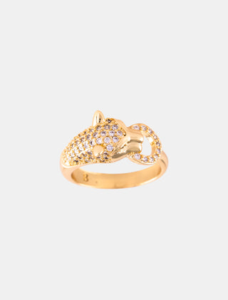 ANILLO CHAPA DE ORO AJUSTABLE COLOR DORADO EN FORMA DE PANTERA COND ETALLES DE PEDRERÍA DE CRITAL Y ZIRCONIA - MICHELLE ACCESORIOS