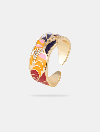 ANILLO CHAPA DE ORO AJUSTABLE DORADO CON DIBUJOS EN COLORES ESMALTADOS ROJO NARANJA Y MNEGRO CON DETALLES DE PEDRERÍA - MICHELLE ACCESORIOS