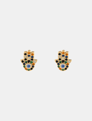 ARETE EN FORMA DE MANO DE FÁTIMA EN CHAPA DE ORO CON DETALLES DE ZIRCONIA MULTICOLOR DE 1 CM DE LARGO - MICHELLE ACCESORIOS