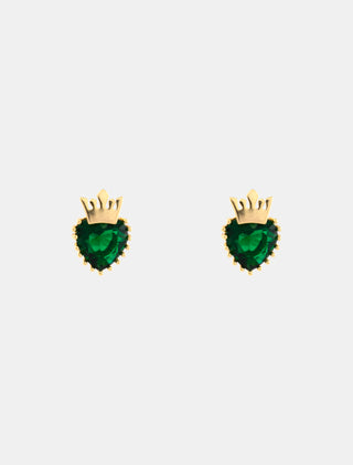 ARETES BROQUEL DE CHAPA DE ORO EN FORMA DE CORAZÓN CON PIEDRA DE CRSITAL COLOR VERDE Y DETALLE DE CORONA TAMAÑO 1.5 CM DE LARGO - MICHELLE ACCESORIOS