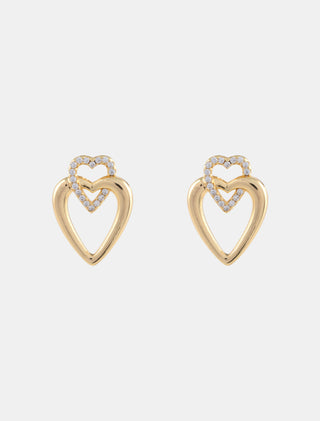 ARETES BROQUEL DE CHAPA DE ORO EN FORMA DE CORAZONES CON DETALLES CON PEDRERÍA DE ZIRCONIA DE 2 CM DE LARGO - MICHELLE ACCESORIOS