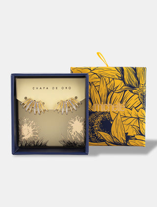 ARETES CHAPA DE ORO 18K TIPO BROQUEL COLOR DORADO CON TEXTURA Y DETALLES DE PEDRERÍA DE ZIRCONIA CON CAJA DE REGALO - MICHELLE ACCESORIOS