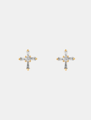 ARETES CHAPA DE ORO DE CRUZ ZIRCONIA DE 1 CM DE LARGO - MICHELLE ACCESORIOS