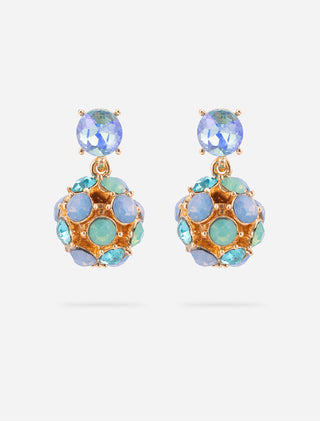 ARETES COLGANTES DE FANTASÍA EN COLOR DORADO CIRCULAR CON DETALLES DE PEDRERÍA EN COLOR VERDE Y AZUL - MICHELLE ACCESORIOS