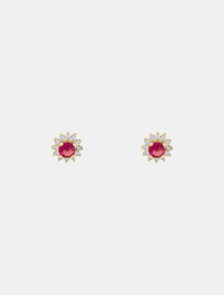 ARETES DE FLOR EN CHAPA DE ORO DORADO CON DETALLES DE PEDRERÍA EN COLOR ROJO DE 1 CM DE LARGO - MICHELLE ACCESORIOS