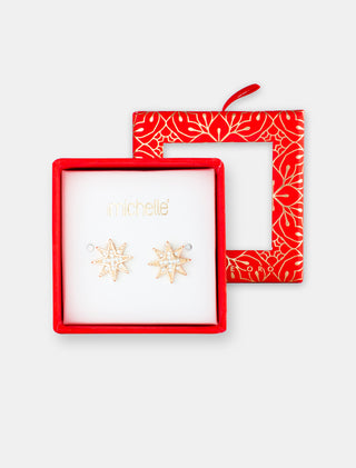 ARETES EN CHAPA DE ORO COLOR DORADO EN FORMA DE ESTRELLA CON DETALLES DE PEDRERÍA CON CAJA DE REGALO - MICHELLE ACCESORIOS