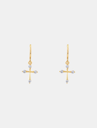 ARETES HUGGIES DE CHAPA DE ORO CON DIJE DE CRUZ Y DETALLE EN ZIRCONIA DE 3 CM DE LARGO - MICHELLE ACCESORIOS