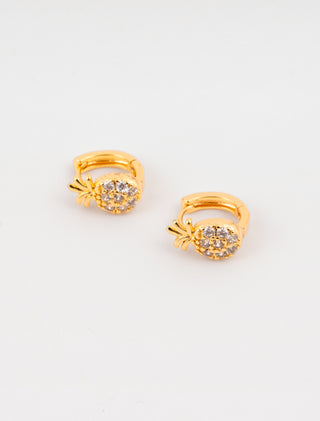 ARETES HUGGIES EN CHAPA DE ORO DE 18K COLOR DORADO EN FORMA DE PIÑA TROPICAL COND ETALLES DE PEDRERÍA - MICHELLE ACCESORIOS