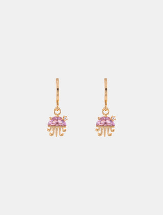 ARETES HUGGIES EN CHAPA DE ORO DORADOS LISOS CON COLGANTE DE MEDUSA CON PIEDRA ROSA - MICHELLE ACCESORIOS