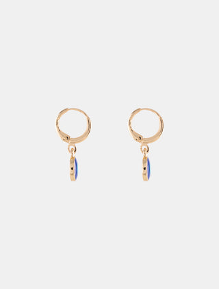ARETES HUGGIES EN CHAPA DE ORO DORADOS LISOS CON COLGANTES DE OJO TURCO AZUL REY - MICHELLE ACCESORIOS