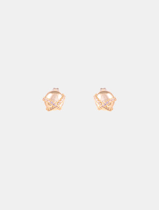 ARETES TIPO BROQUEL EN CHAPA DE ORO COLOR DORADO DE BOLITA CON LÍNEAS CRUZADAS FORMANDO UNA EQUIS CON DETALLES DE PEDRERÍA DE CRISTAL - MICHELLE ACCESORIOS