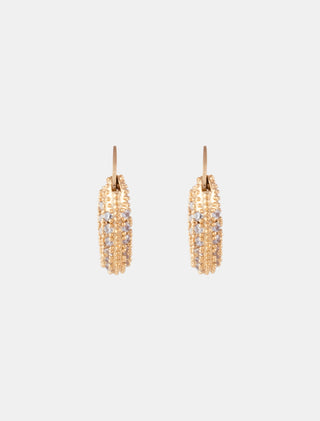 ARETES TIPO HUGGIES EN CHAPA DE ORO DORADOS CON DETALLES DE PEDRERÍA FINA - MICHELLE ACCESORIOS