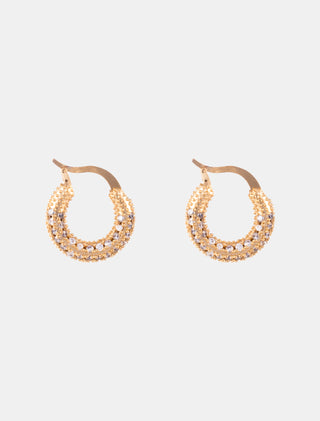 ARETES TIPO HUGGIES EN CHAPA DE ORO DORADOS CON DETALLES DE PEDRERÍA FINA - MICHELLE ACCESORIOS