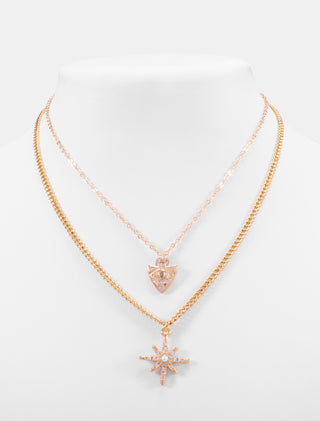 COLLAR CHAPA DE ORO DE DOS NIVELES COLOR DORADO COLLAR UNO CADENA DELGADA CON DIJE DE OJO Y COLLAR DOS DE CADENA DELGADA CON DIJE DE ESTRELLA CON DETALLES DE PEDRERÍA - MICHELLE ACCESORIOS