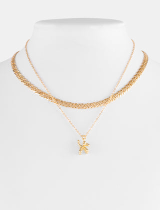 COLLAR CHAPA DE ORO DE 2 NIVELES COLOR DORADO COLLAR UNO DE CADENA GRUESA ESLABONES UNIDOS Y COLLAR DOS DE CADENA DELGADA CON DIJE DE GLOBO DE PERRITO - MICHELLE ACCESORIOS