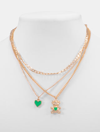 COLLAR CHAPA DE ORO DE TRES NIVELES COLOR DORADO COLLAR UNO DE ESLABONES COLLAR DOS DE CADENA DELGADA CON DIJE DE CORAZÓN COLOR VERDE Y COLLAR TRES CADENA SEMIGRUESA CON DJ DE OSO PANZA VERDE - MICHELLE ACCESORIOS