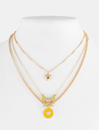 COLLAR CHAPA DE ORO DE TRES CADENAS DORADAS CON DIJES EN FORMA DE CORAZÓN AMARILLO Y MARIPOSA - MICHELLE ACCESORIOS