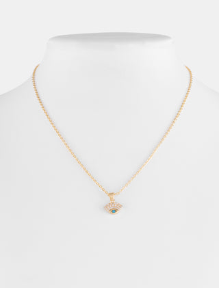 COLLAR COLOR DORADO EN CHAPA DE ORO CON DADENA DELGADA Y DIJE DE OJO TURCO ACOMPAÑADO CON DETALLES DE PEDRERÍA - MICHELLE ACCESORIOS