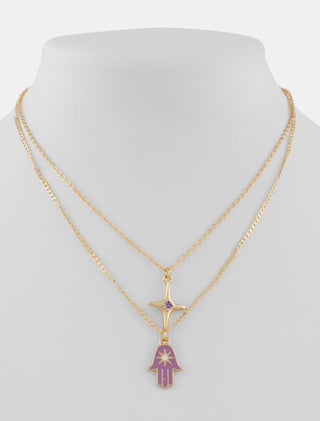 COLLAR DOBLE EN CHAPA DE ORO CON DIJES DE ESTRELLA Y MANO DE FÁTIMA EN COLOR LILA - MICHELLE ACCESORIOS