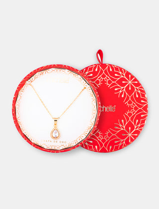 COLLAR EN CHAPA DE ORO COLOR DORADO CON CADENA DELGADA Y DIJE EN FORMA DE GOTA CON PIEDRA DE CRISTAL INCLUYE CAJA DE REGALO NAVIDEÑA - MICHELLE ACCESORIOS