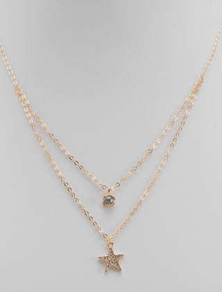 COLLAR EN CHAPA DE ORO COLOR DORADO CON DOBLE DIJE DE PIEDRA Y ESTRELLA CON CRISTAL - MICHELLE ACCESORIOS