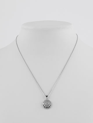 JUEGO DE ACCESORIOS EN CHAPA DE ORO DE COLLAR CON DIJE Y ARETES CIRCULARES DE ESCUDO EN COLOR PLATEADO CON DETALLES DE PEDRERÍA CON CAJA DE REGALO PARA MAMÁ - MICHELLE ACCESORIOS