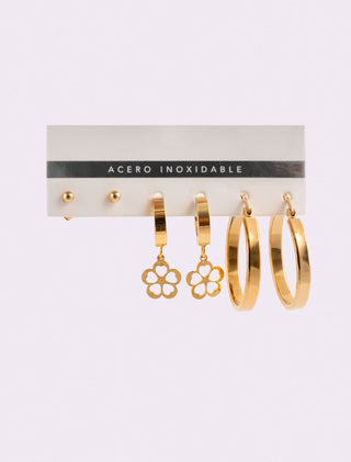 JUEGO DE TRES PARES DE ARETES EN COLOR DORADO DE ACERO INOXIDABLE BROQUEL Y ARRACADAS - MICHELLE ACCESORIOS