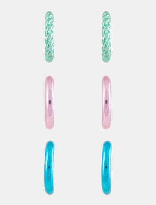 JUEGO DE TRES PARED DE ARETES TIPO ARRACADA CON ACABADO METÁLICO DE COLOR ROSA, AZUL Y VERDE - MICHELLE ACCESORIOS