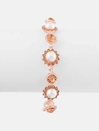PULSERA CON FLORES DE METAL ROSE GOLD PEDRERÍA DE COLOR ROSA CON BEIGE - MICHELLE ACCESORIOS