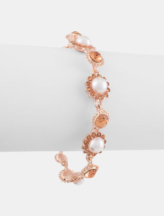 PULSERA CON FLORES DE METAL ROSE GOLD PEDRERÍA DE COLOR ROSA CON BEIGE - MICHELLE ACCESORIOS