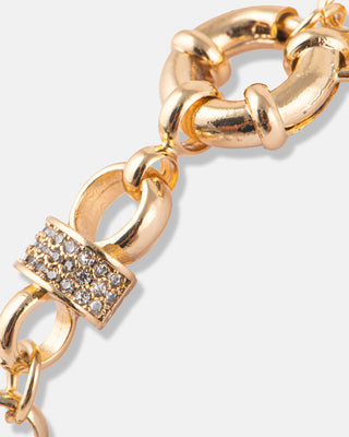 PULSERA EN CHAPA DE ORO COLOR DORADO CON ESLABONES CIRCULARES Y DETALLES DE PEDRERÍA - MICHELLE ACCESORIOS