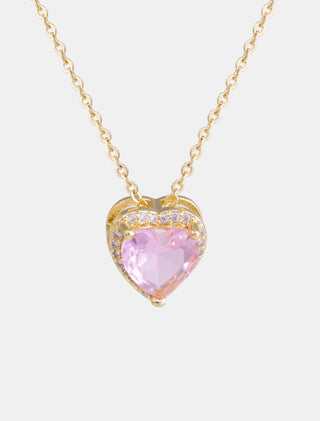 SET EN CHAPA DE ORO DE LA COLECCIÓN SAN VALENTÍN COLOR DORADO CON ARETES Y COLLAR EN FORMA DE CORAZÓN CON PIEDRA ROSA DE ZIRCONIA - MICHELLE ACCESORIOS