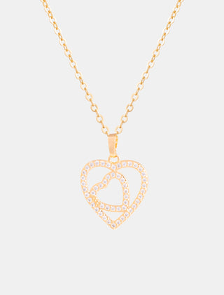 SET EN CHAPA DE ORO DE LA COLECCIÓN SAN VALENTÍN COLOR DORADO CON ARETES Y DIJE EN FORMA DE CORAZÓN CON DETALLES DE PEDRERÍA DE ZIRCONIA BLANCA - MICHELLE ACCESORIOS