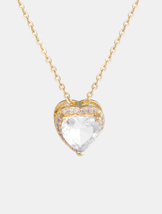 SET DE CHAPA DE ORO DE LA COLECCIÓN SAN VALENTÍN DE ARETES EN FORMA DE CORAZÓN CON PIEDRA BLANCA Y COLLAR CON DIJE DE CORZÓN CON PIEDRA DE ZIRCONIA - MICHELLE ACCESORIOS