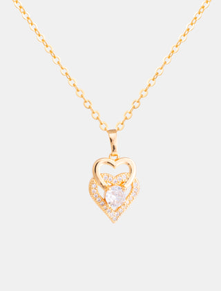 SET EN CHAPA DE ORO DE LA COLECCIÓN SAN VALENTÍN DE ARETES EN FORMA DE CORAZÓN CON PIEDRA Y COLLAR CON DIJE EN FORMA DE CORAZÓN CON PIEDRA DE ZIRCONIA - MICHELLE ACCESORIOS