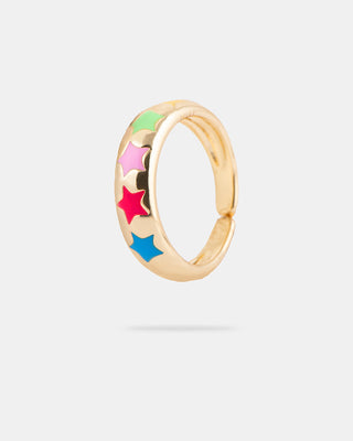 ANILLO AJUSTABLE EN CHAPA DE ORO COLOR DORADO CON DETALLES EN FORMA DE ESTRELLA DE COLORES EN ESTILO ESMALTADO