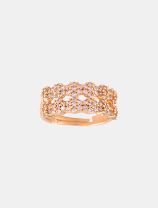 ANILLOS AJUSTABLE EN CHAPA DE ORO COLOR DORADO CON DETALLES  EN PIEDRA ZIRCONIA Y DETALLES DE PEDRERÍA DE CRISTAL EN FORMA DE FLOR - MICHELLE ACCESORIOS