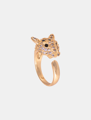 ANILLO AJUSTABLE EN CHAPA DE ORO COLOR DORADO FORMA DE PANTERA GRANDE CON DETALLES DE PIEDRA DE ZIRCONIA Y PIEDRAS DE CRISTAL NEGRO - MICHELLE ACCESORIOS