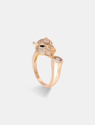 ANILLO AJUSTABLE EN CHAPA DE ORO COLOR DORADO FORMA DE PANTERA MEDIANA CON DETALLES DE PIEDRA DE ZIRCONIA Y PIEDRA EN PUNTA DE ANILLO - MICHELLE ACCESORIOS