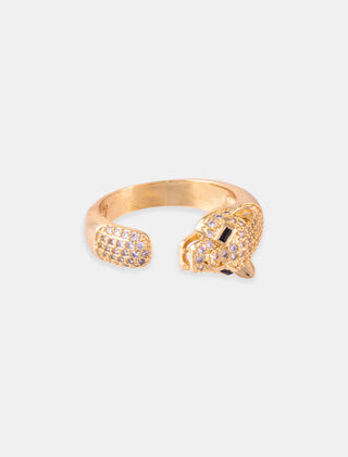 ANILLO AJUSTABLE EN CHAPA DE ORO COLOR DORADO FORMA DE PANTERA MEDIANA CON DETALLES DE PIEDRA DE ZIRCONIA Y PIEDRAS DE CRISTAL NEGRO - MICHELLE ACCESORIOS