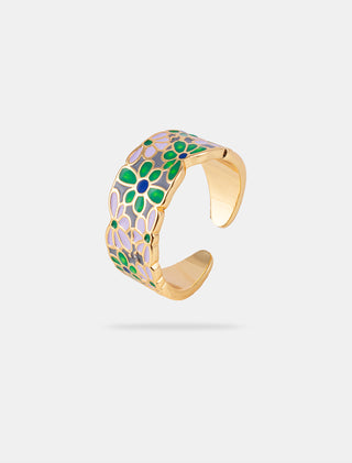 ANILLO CHAPA DE ORO AJUSTABLE DORADO CON DIBUJOS DE FLORES EN COLORES ESMALTADOS VERDES Y LILA - MICHELLE ACCESORIOS