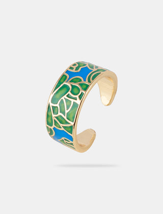 ANILLO CHAPA DE ORO AJUSTABLE DORADO CON DIBUJOS EN COLORES ESMALTADOS VERDE Y AZUL - MICHELLE ACCESORIOS